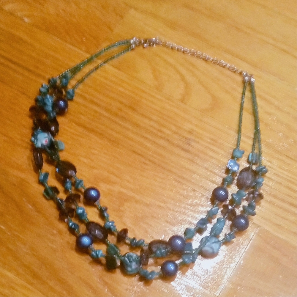 3 Strand Teal Stone Beaded Adjustable Necklace